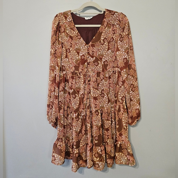 mittoshop Dresses & Skirts - mittoshop Brown Paisley Tiered Long-Sleeve Dress
